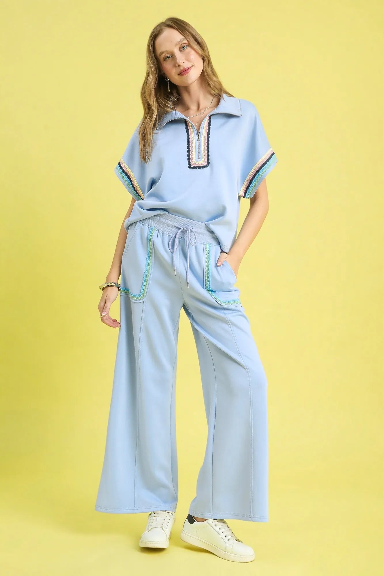 Umgee Drawstring Wide Leg Pants with Scallop Trim Detail - Blu Lotus Boutique