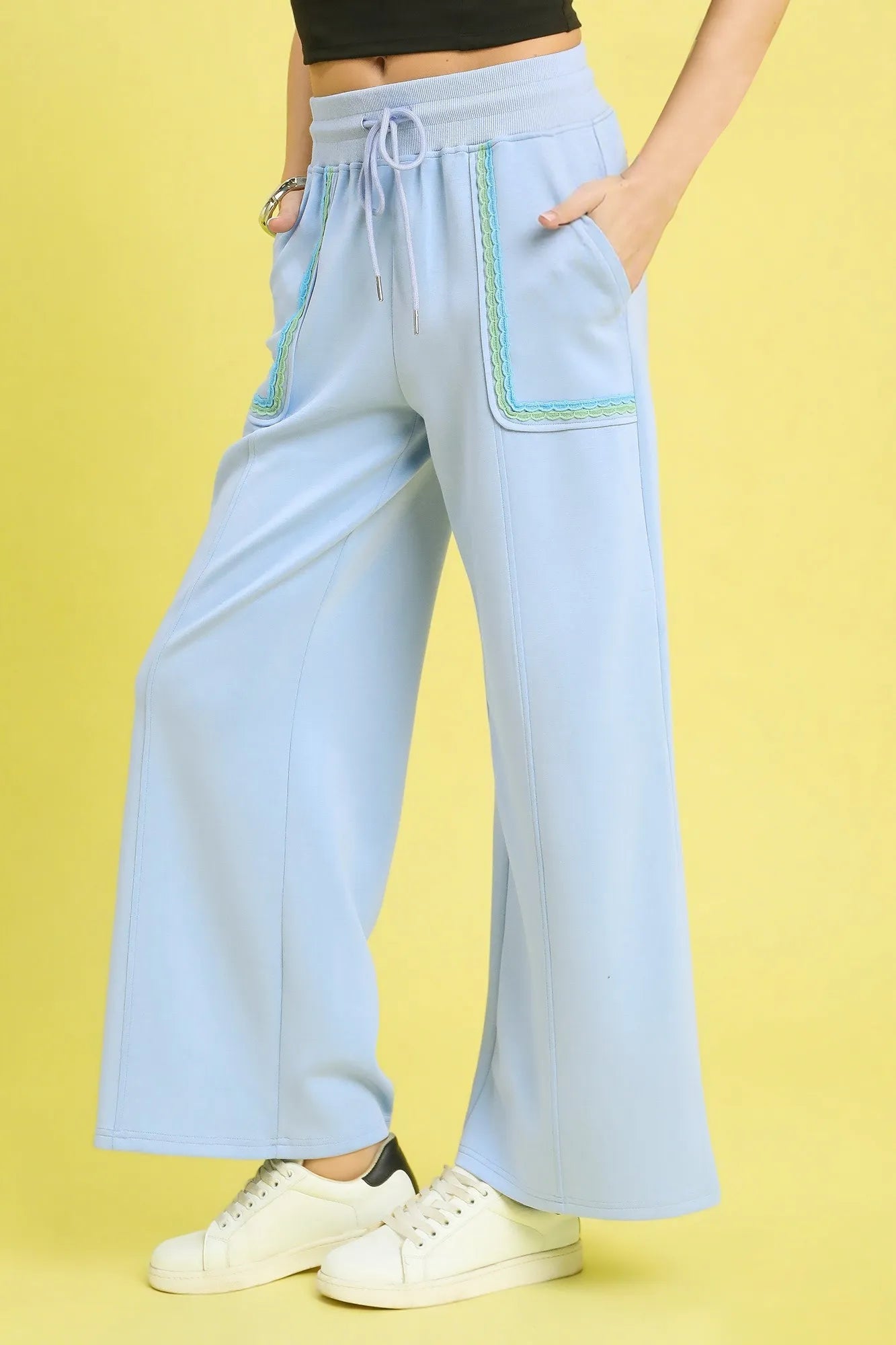 Umgee Drawstring Wide Leg Pants with Scallop Trim Detail - Blu Lotus Boutique
