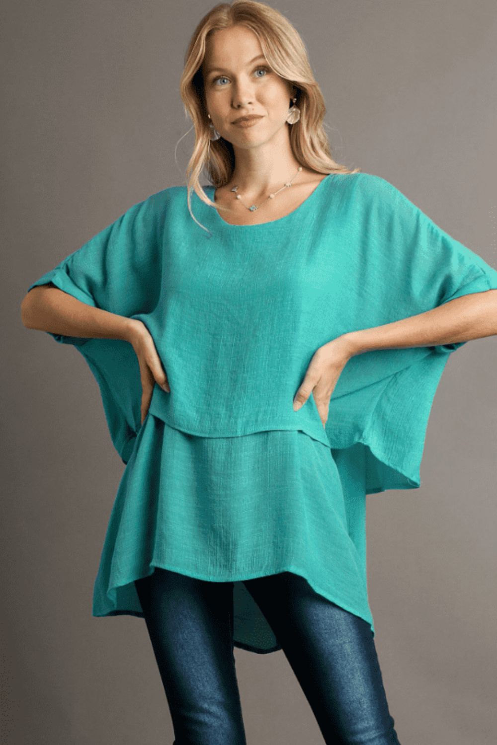 Umgee Full Size Cuffed Half Sleeve Layered Top Plus Size - Blu Lotus Boutique