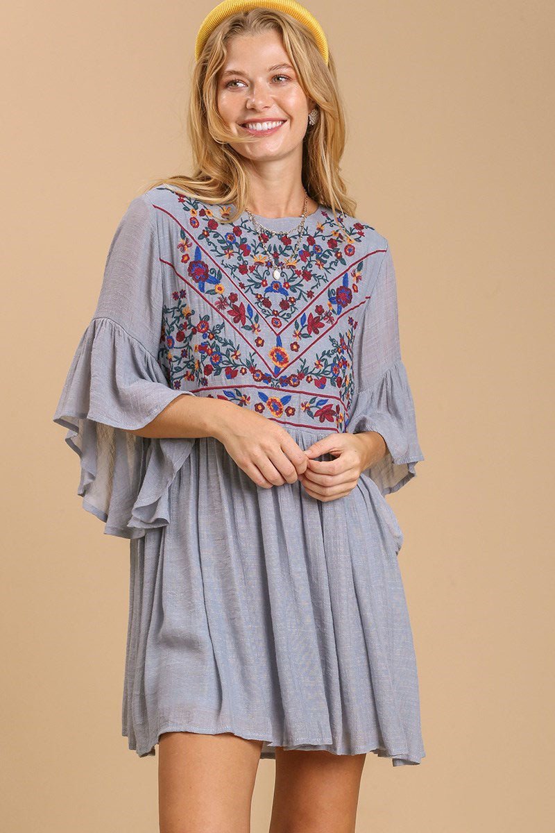 Umgee Full Size Floral Embroidered 3/4 Bell Sleeve Keyhole Dress Plus Size - Blu Lotus Boutique