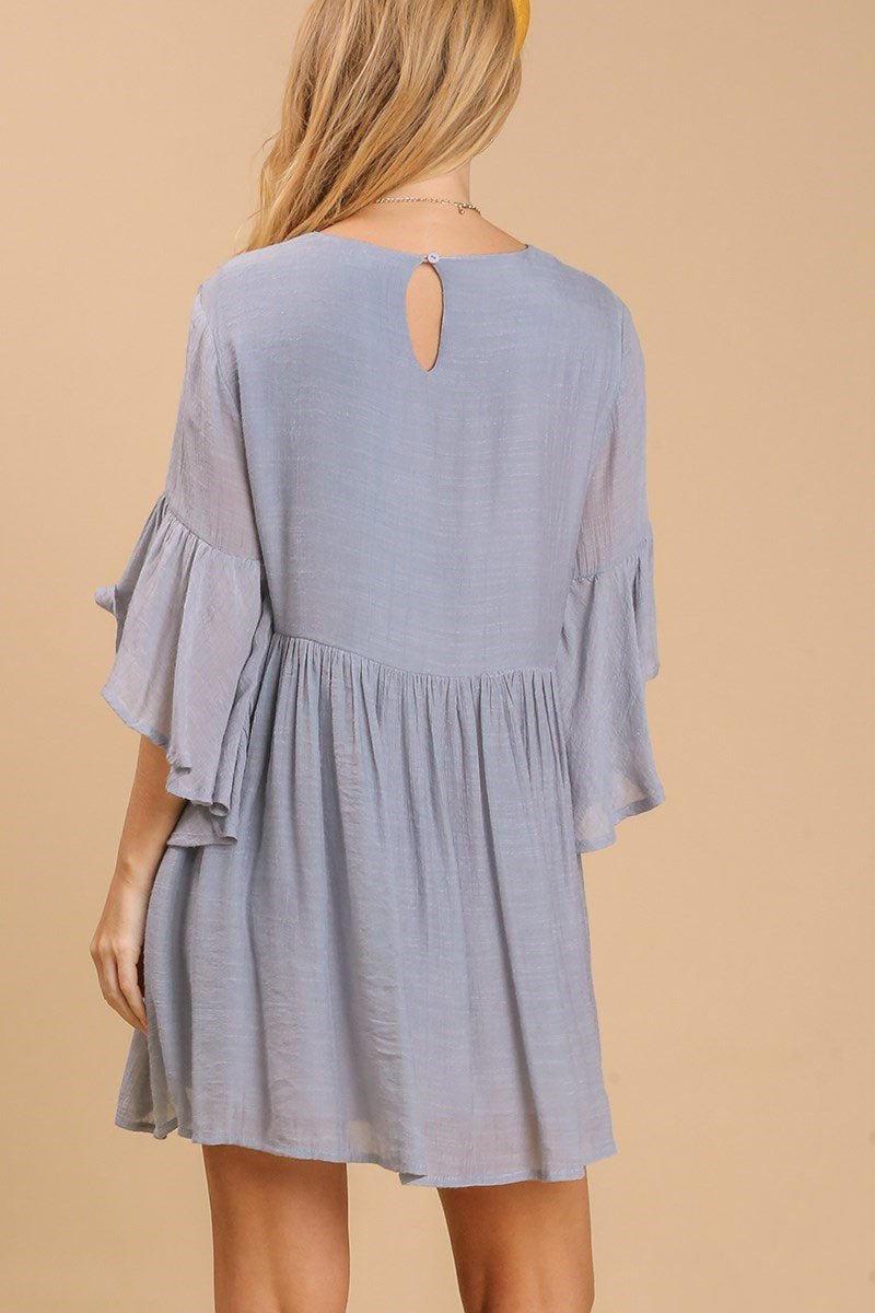 Umgee Full Size Floral Embroidered 3/4 Bell Sleeve Keyhole Dress Plus Size - Blu Lotus Boutique