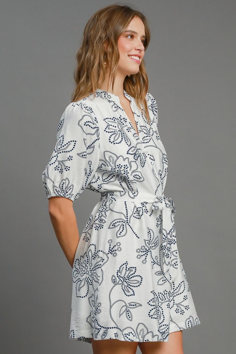 Umgee Full Size Floral Print Notched Puff Sleeve Mini Dress Plus Size - Blu Lotus Boutique