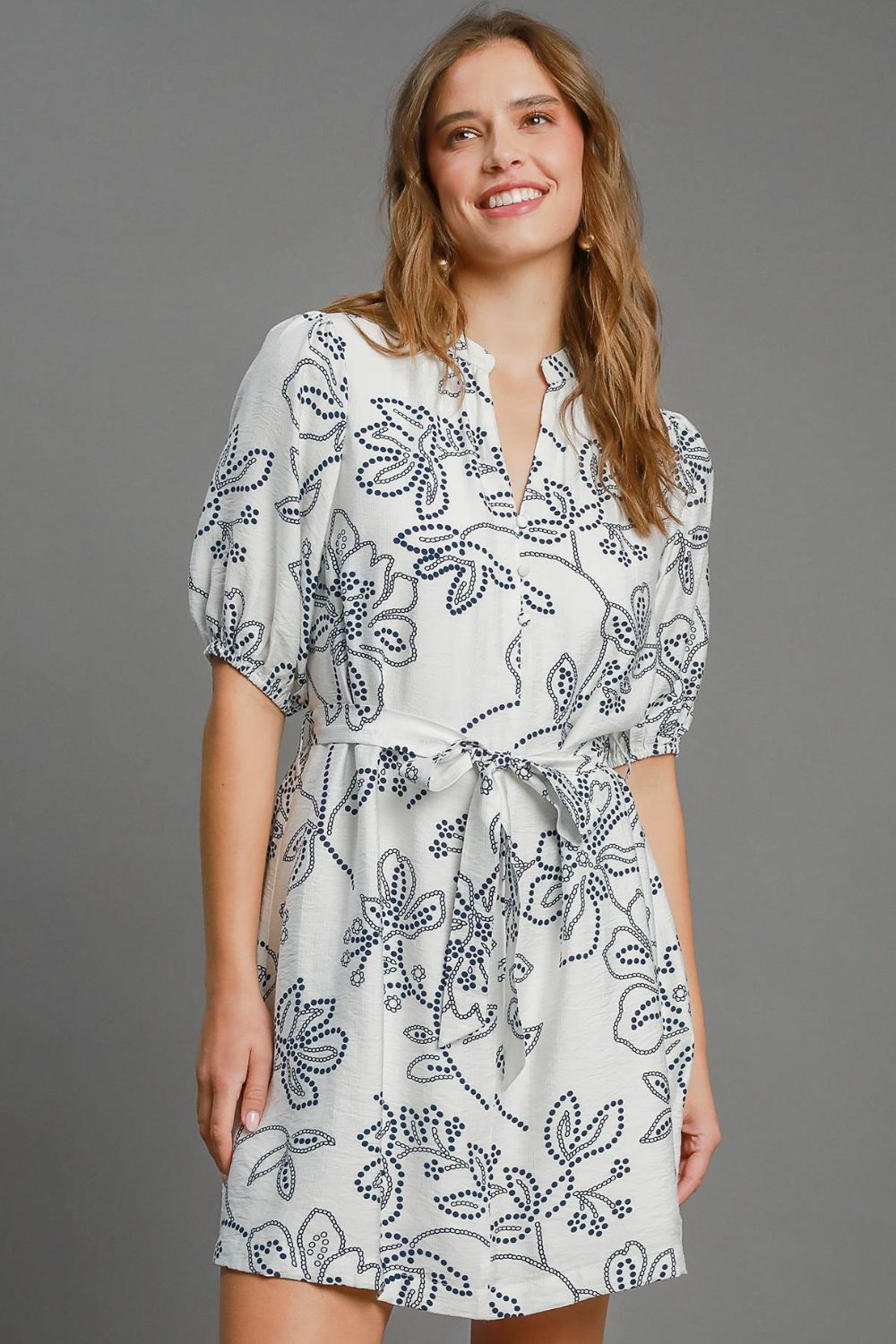 Umgee Full Size Floral Print Notched Puff Sleeve Mini Dress Plus Size - Blu Lotus Boutique