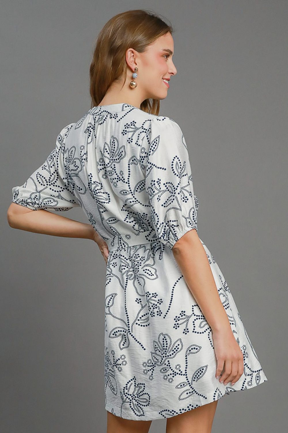 Umgee Full Size Floral Print Notched Puff Sleeve Mini Dress Plus Size - Blu Lotus Boutique