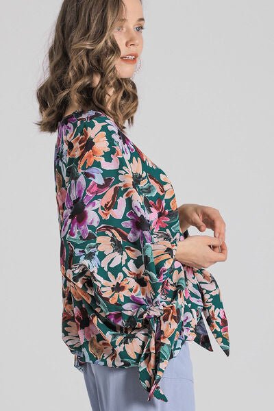 Umgee Full Size Floral V - Neck Tie Sleeve Blouse Plus Size - Blu Lotus Boutique