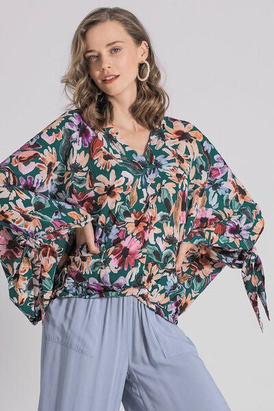 Umgee Full Size Floral V - Neck Tie Sleeve Blouse Plus Size - Blu Lotus Boutique