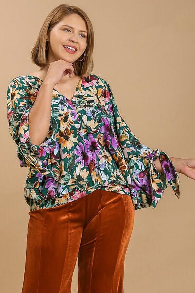 Umgee Full Size Floral V - Neck Tie Sleeve Blouse Plus Size - Blu Lotus Boutique