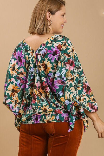 Umgee Full Size Floral V - Neck Tie Sleeve Blouse Plus Size - Blu Lotus Boutique
