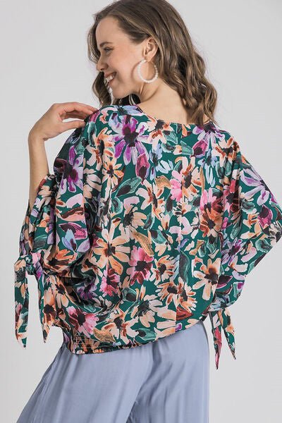 Umgee Full Size Floral V - Neck Tie Sleeve Blouse Plus Size - Blu Lotus Boutique
