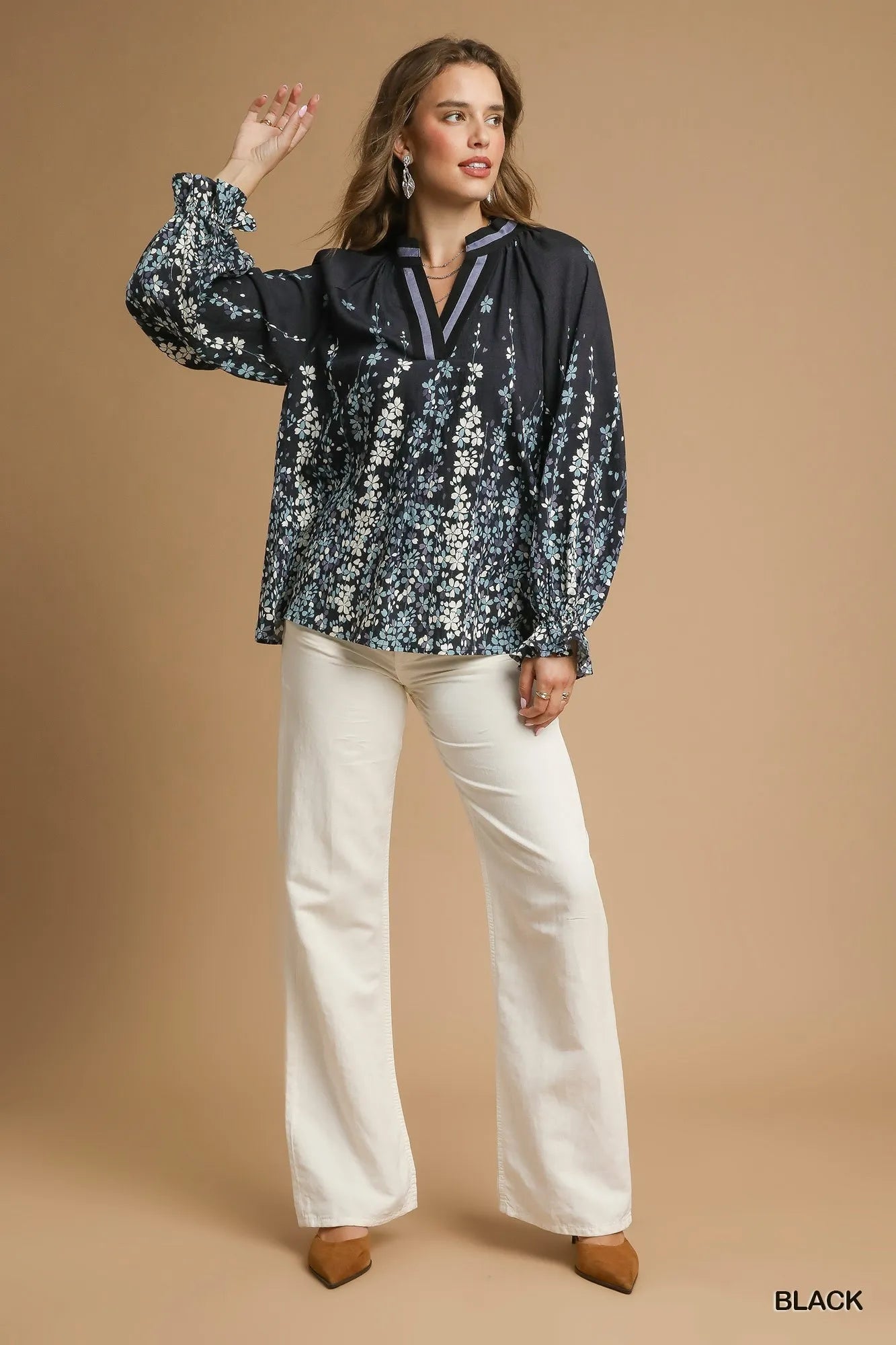 Umgee Full Size Floral Vine Print Blouse with Balloon Sleeves Plus Size - Blu Lotus Boutique