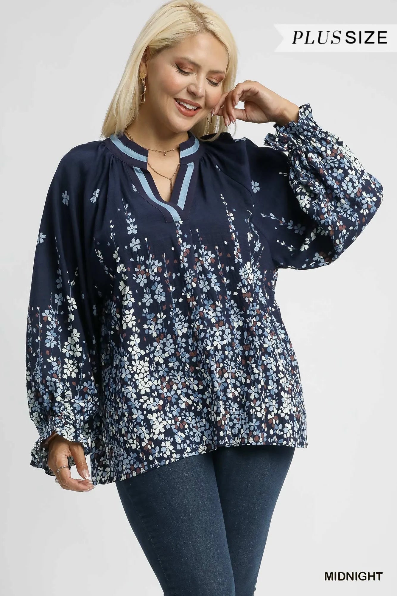 Umgee Full Size Floral Vine Print Blouse with Balloon Sleeves Plus Size - Blu Lotus Boutique