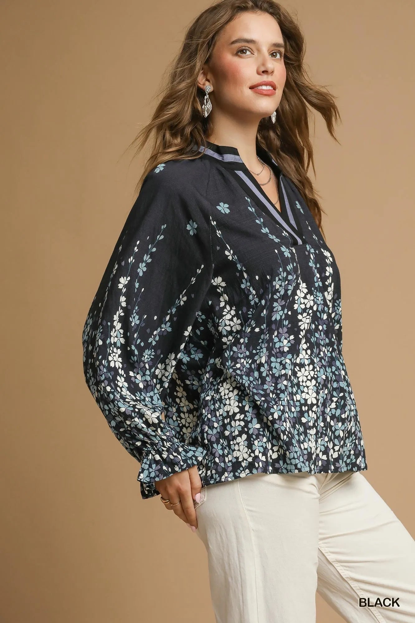 Umgee Full Size Floral Vine Print Blouse with Balloon Sleeves Plus Size - Blu Lotus Boutique