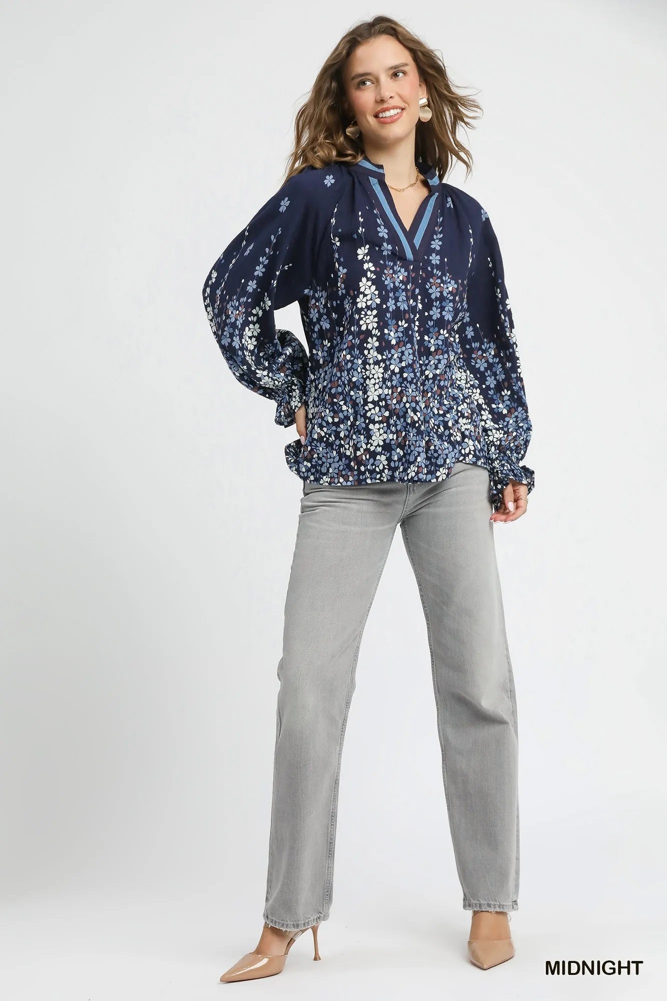 Umgee Full Size Floral Vine Print Blouse with Balloon Sleeves Plus Size - Blu Lotus Boutique
