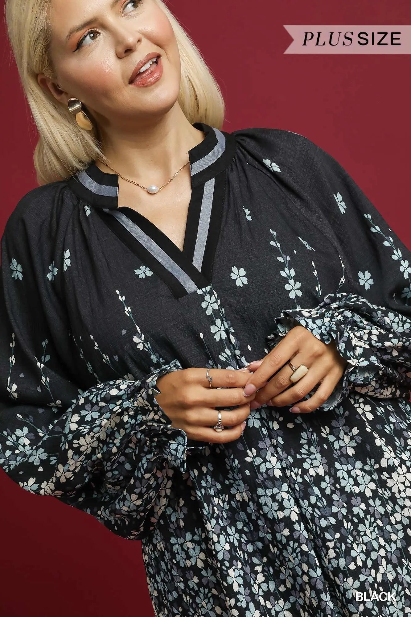 Umgee Full Size Floral Vine Print Blouse with Balloon Sleeves Plus Size - Blu Lotus Boutique