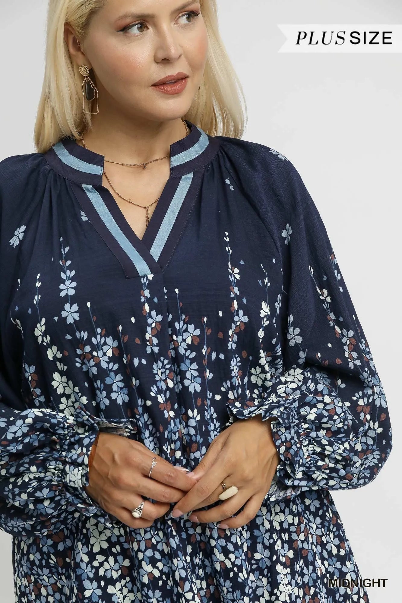 Umgee Full Size Floral Vine Print Blouse with Balloon Sleeves Plus Size - Blu Lotus Boutique