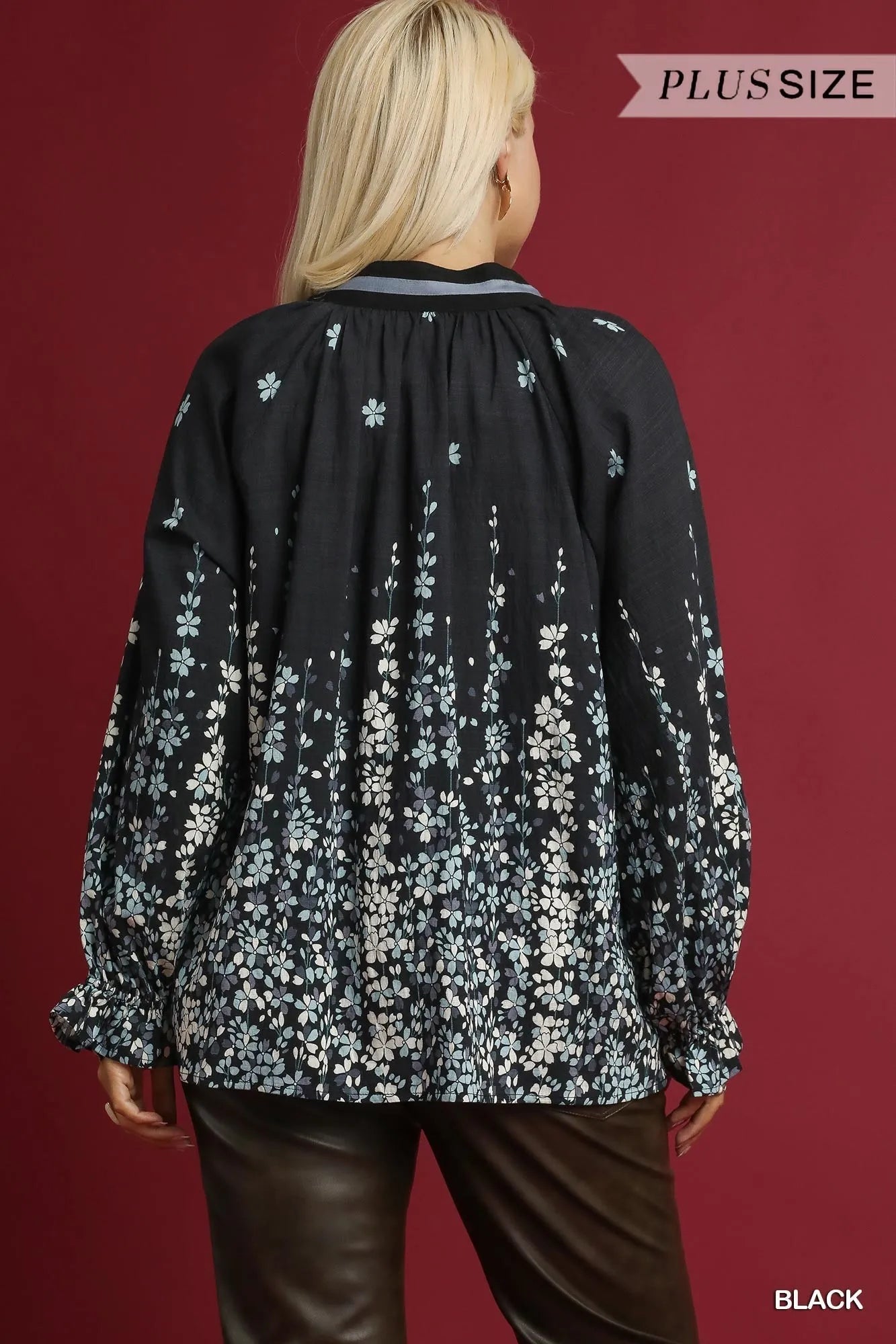 Umgee Full Size Floral Vine Print Blouse with Balloon Sleeves Plus Size - Blu Lotus Boutique
