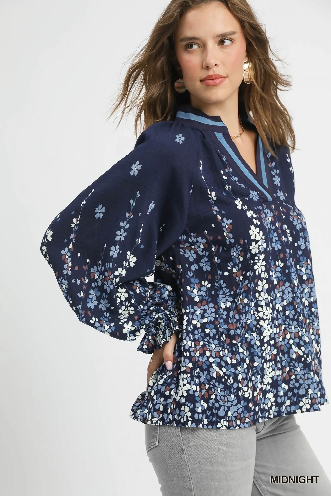 Umgee Full Size Floral Vine Print Blouse with Balloon Sleeves Plus Size - Blu Lotus Boutique