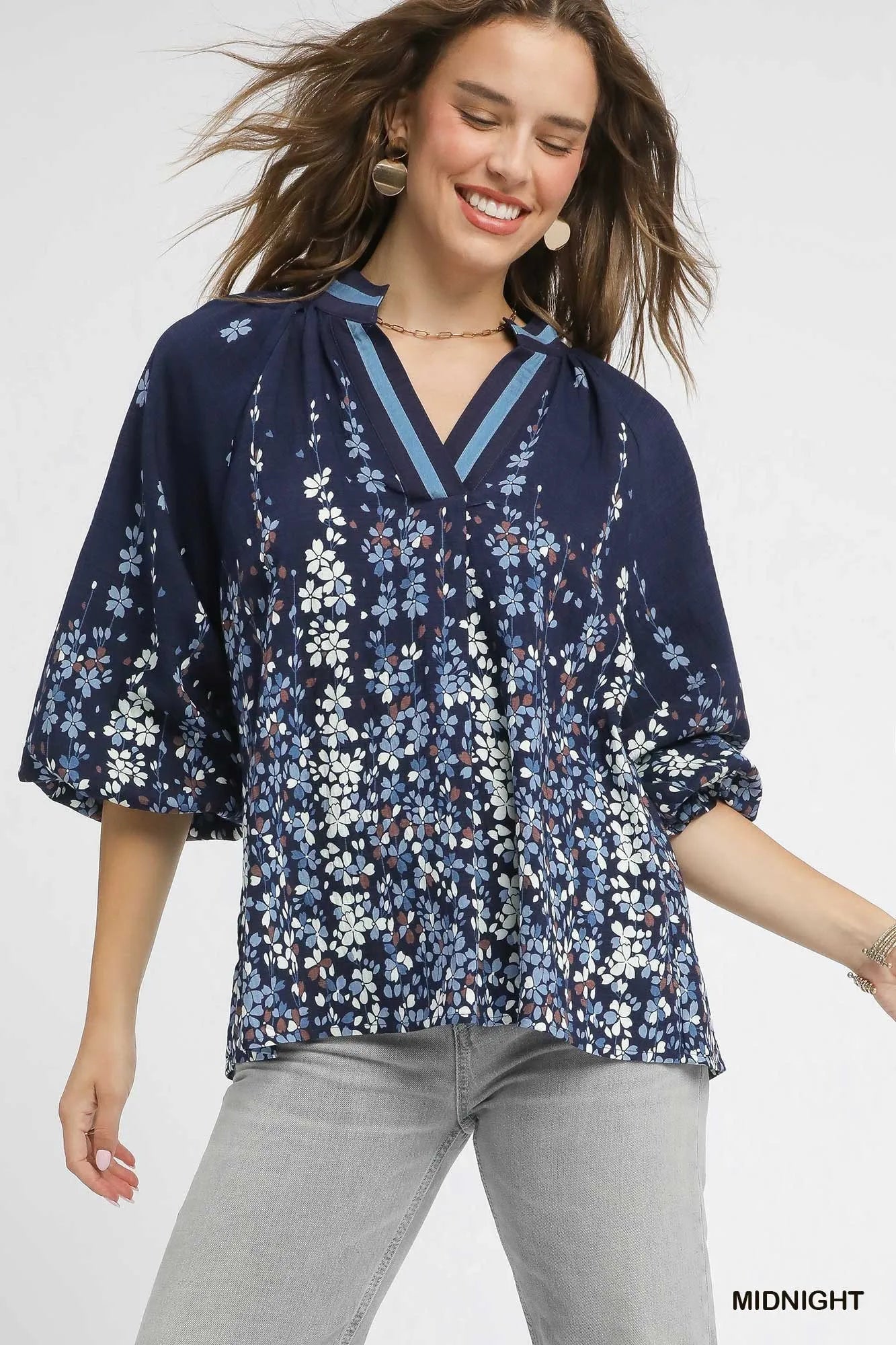 Umgee Full Size Floral Vine Print Blouse with Balloon Sleeves Plus Size - Blu Lotus Boutique