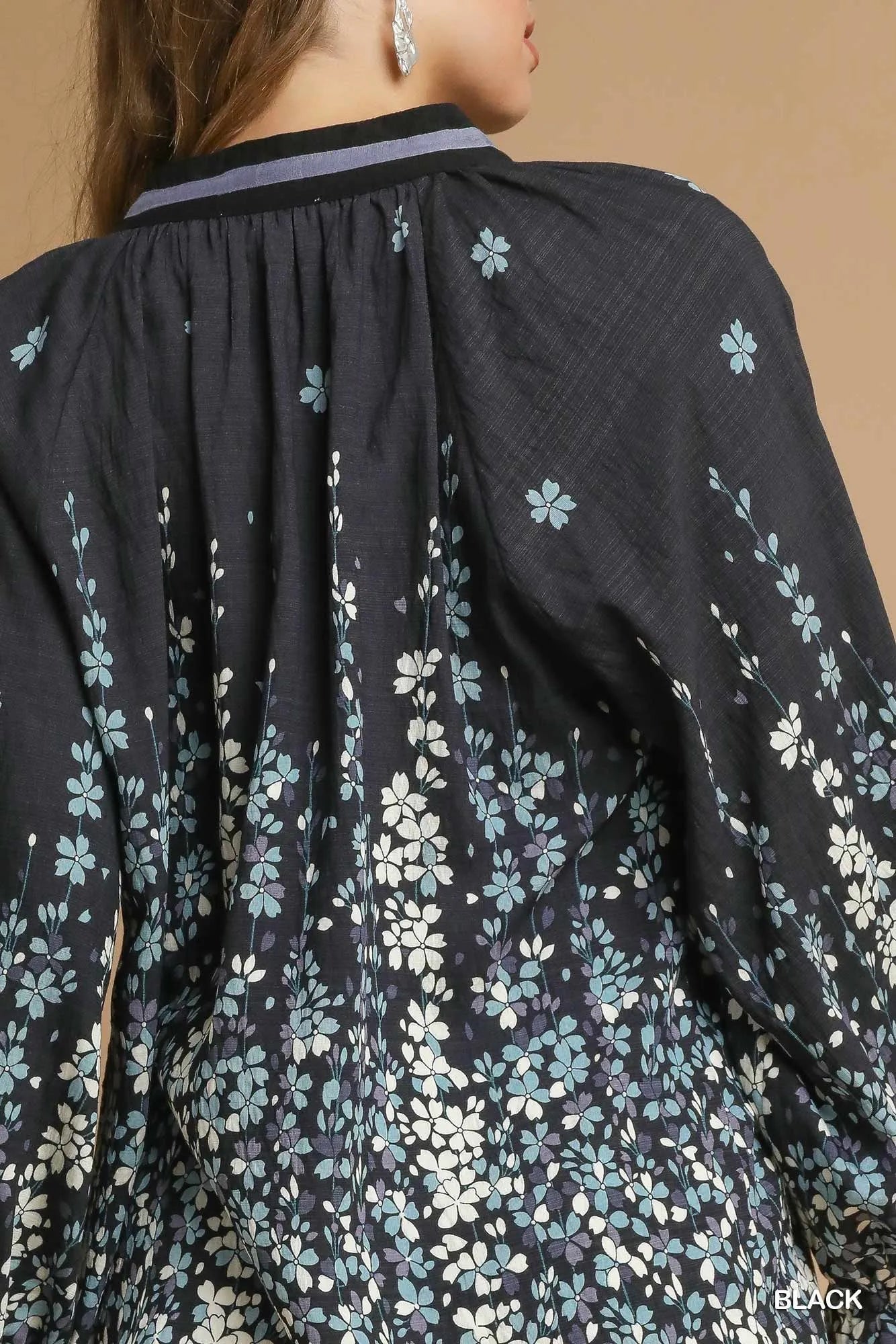 Umgee Full Size Floral Vine Print Blouse with Balloon Sleeves Plus Size - Blu Lotus Boutique