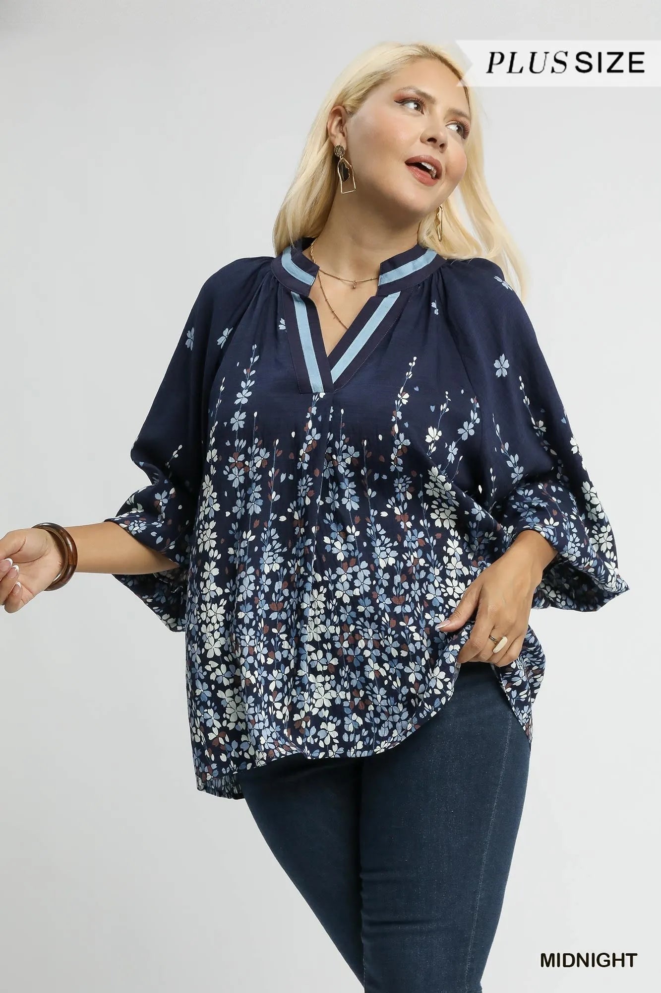 Umgee Full Size Floral Vine Print Blouse with Balloon Sleeves Plus Size - Blu Lotus Boutique