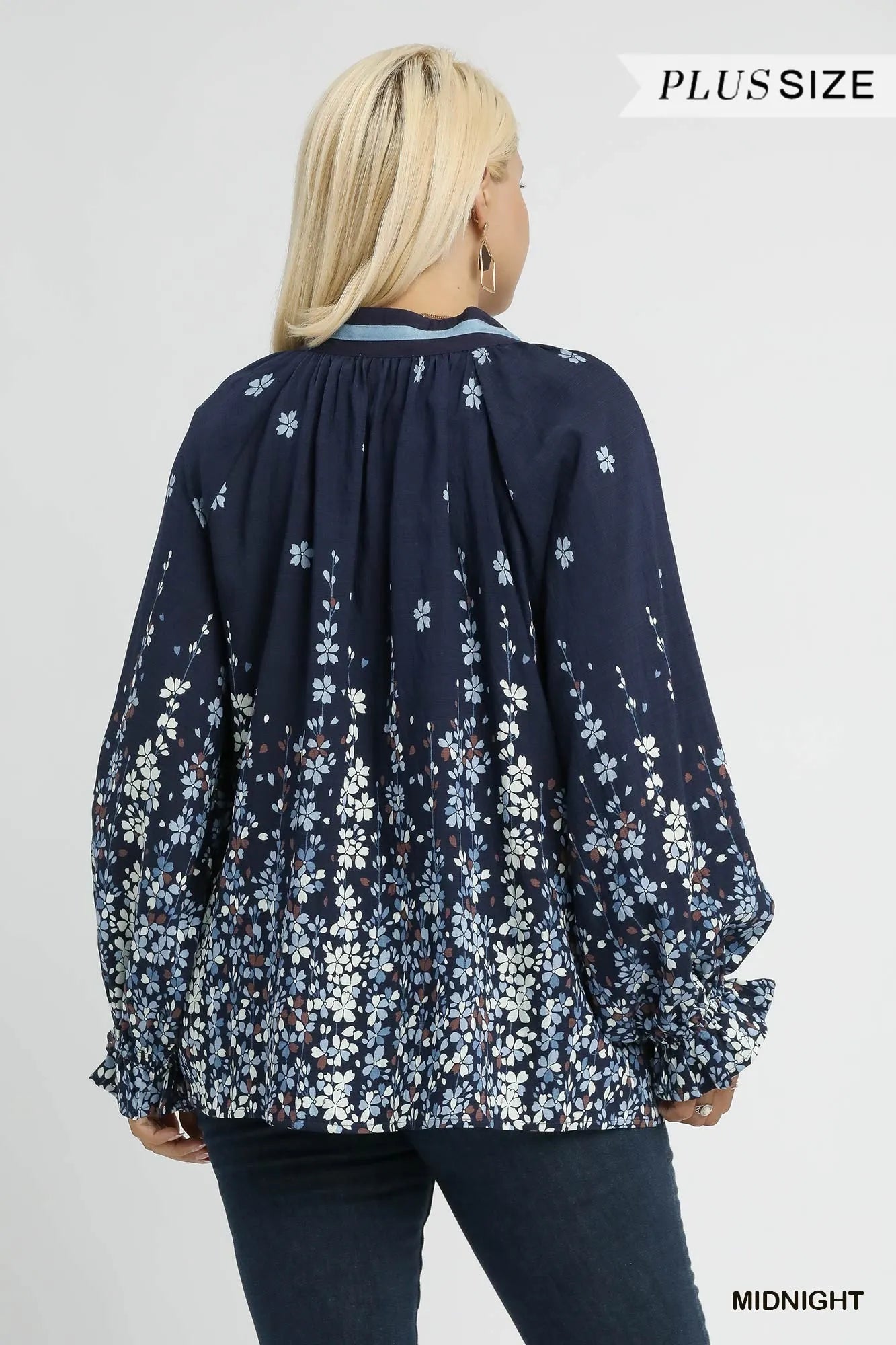 Umgee Full Size Floral Vine Print Blouse with Balloon Sleeves Plus Size - Blu Lotus Boutique