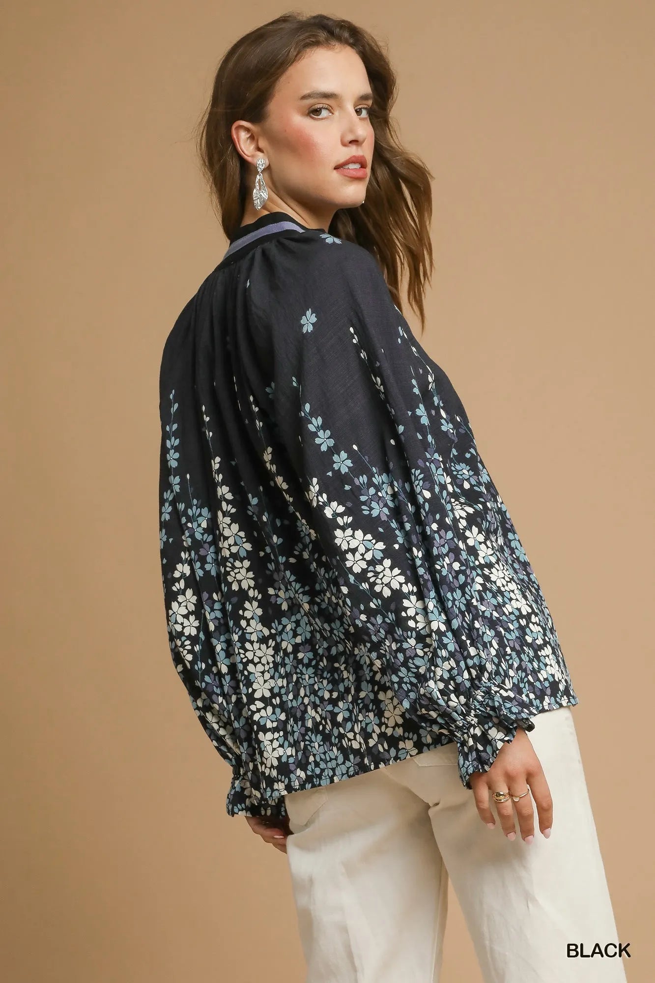 Umgee Full Size Floral Vine Print Blouse with Balloon Sleeves Plus Size - Blu Lotus Boutique