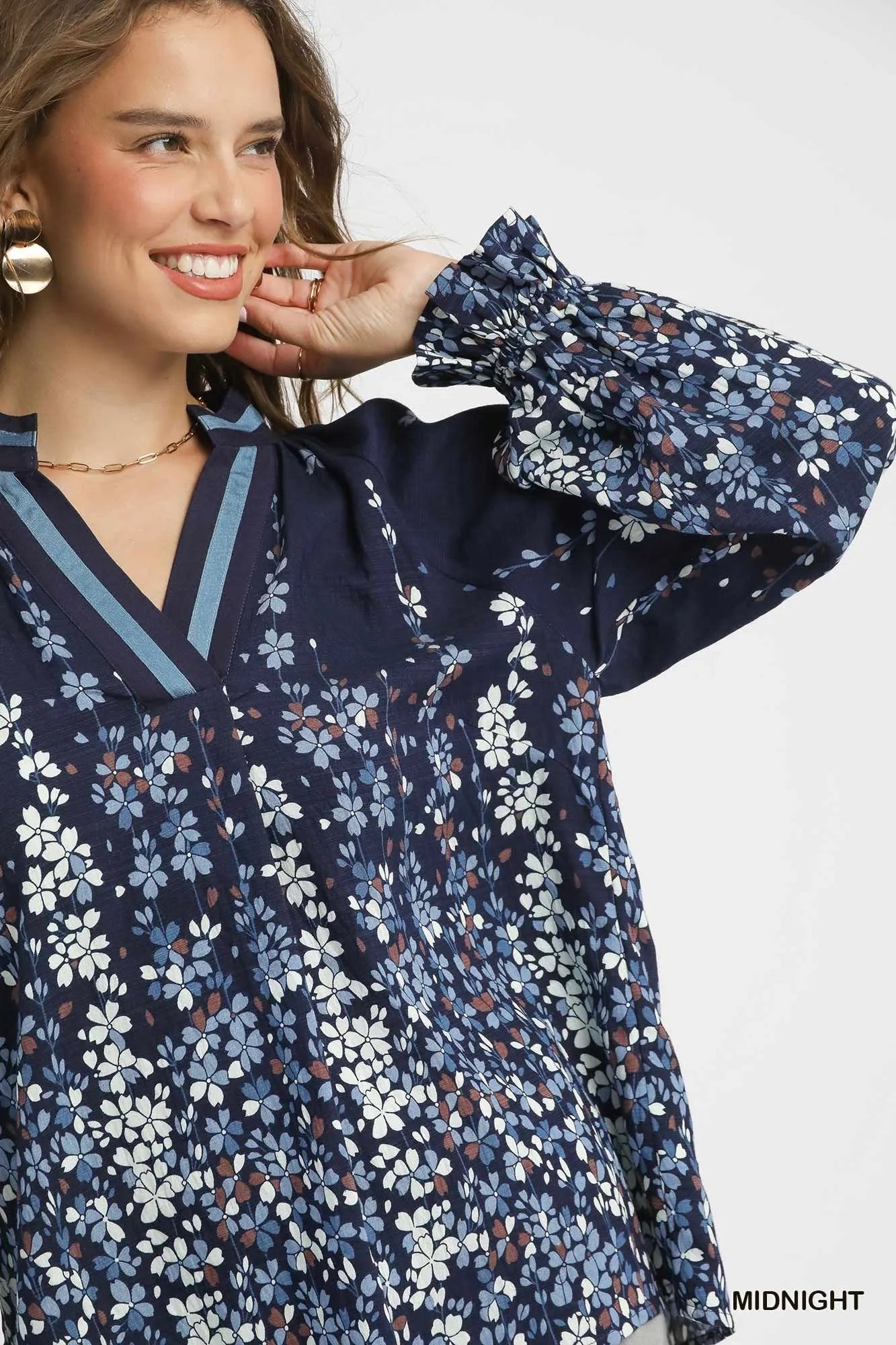 Umgee Full Size Floral Vine Print Blouse with Balloon Sleeves Plus Size - Blu Lotus Boutique