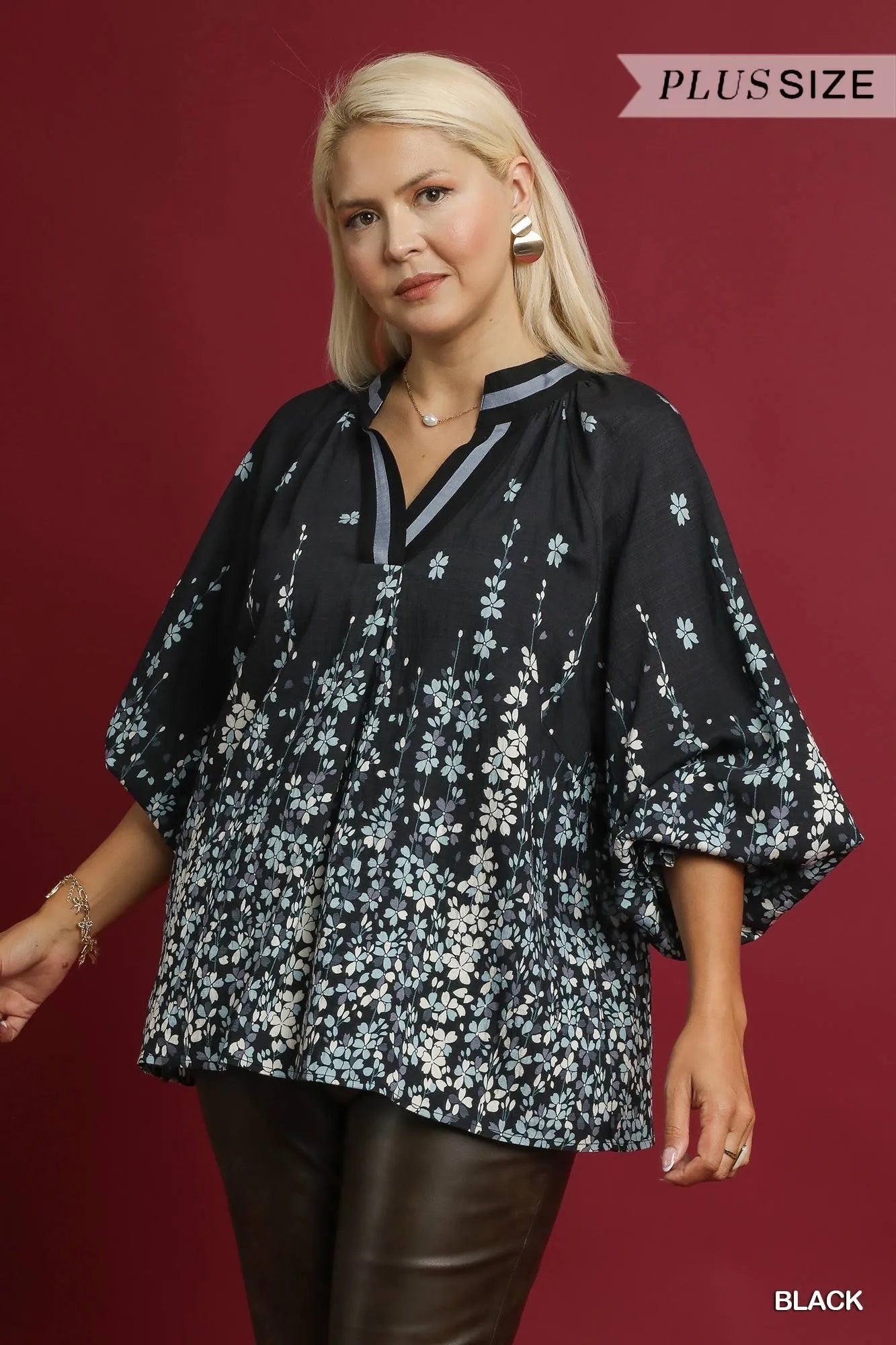 Umgee Full Size Floral Vine Print Blouse with Balloon Sleeves Plus Size - Blu Lotus Boutique