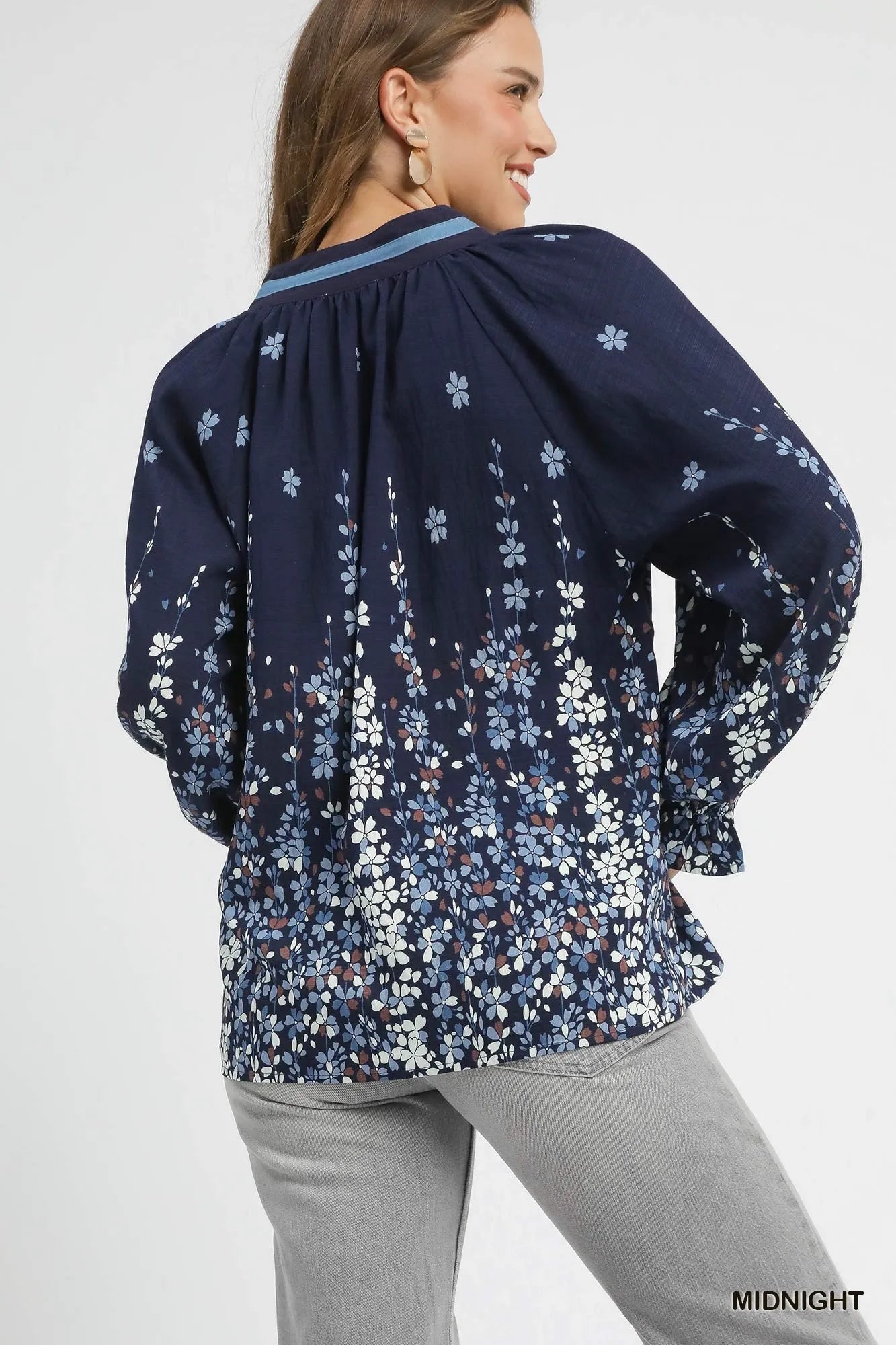 Umgee Full Size Floral Vine Print Blouse with Balloon Sleeves Plus Size - Blu Lotus Boutique