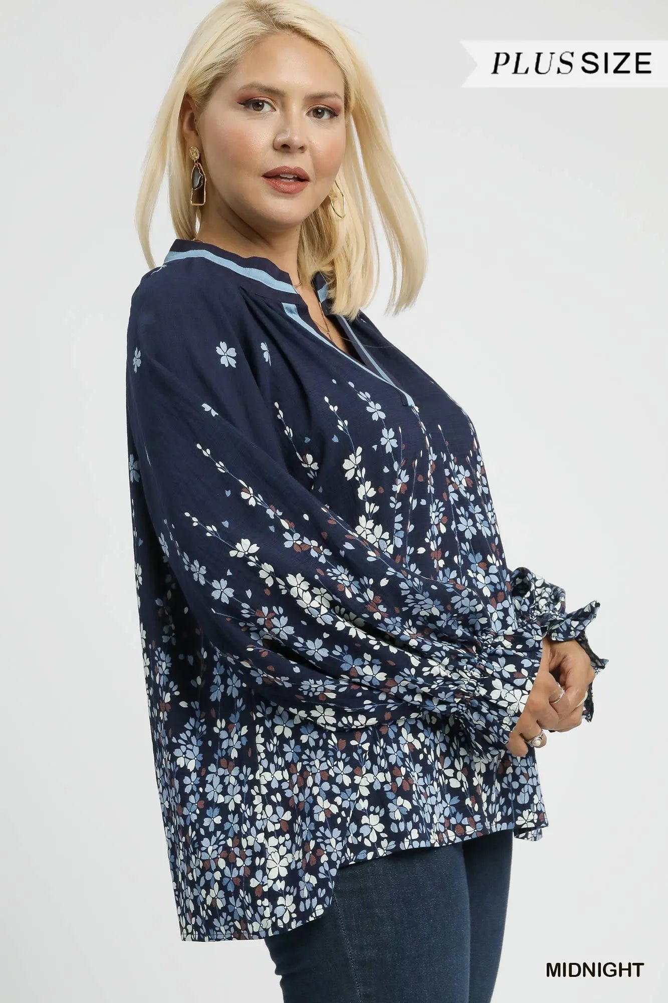Umgee Full Size Floral Vine Print Blouse with Balloon Sleeves Plus Size - Blu Lotus Boutique