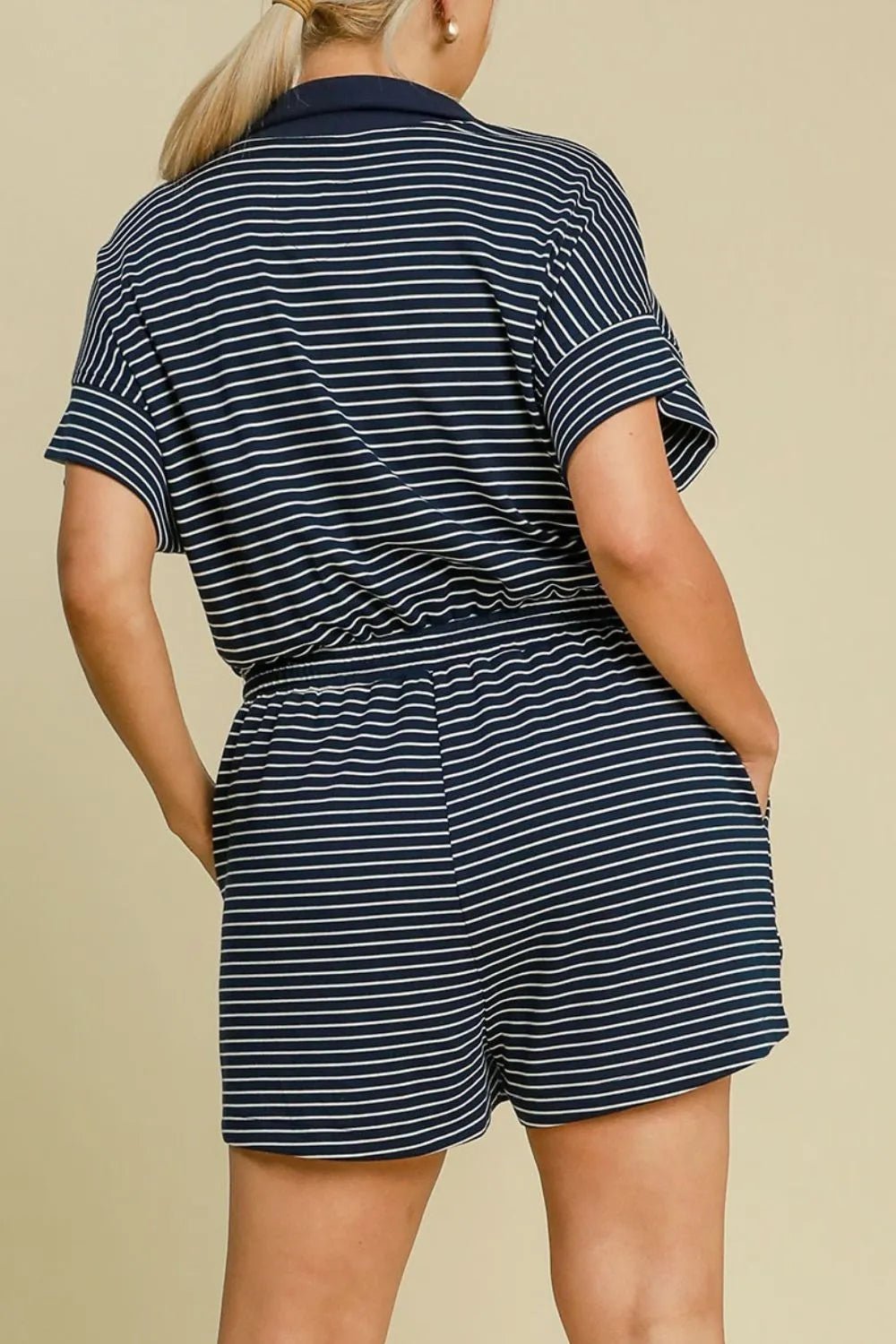 Umgee Full Size Half Zip Striped Romper Plus Size - Blu Lotus Boutique