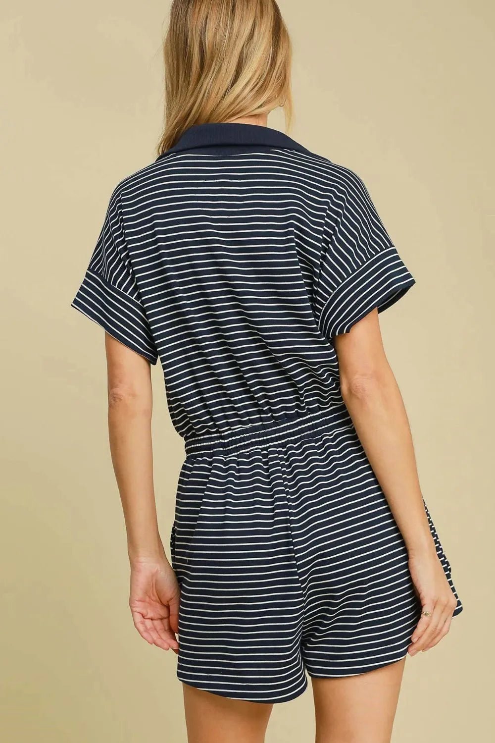 Umgee Full Size Half Zip Striped Romper Plus Size - Blu Lotus Boutique