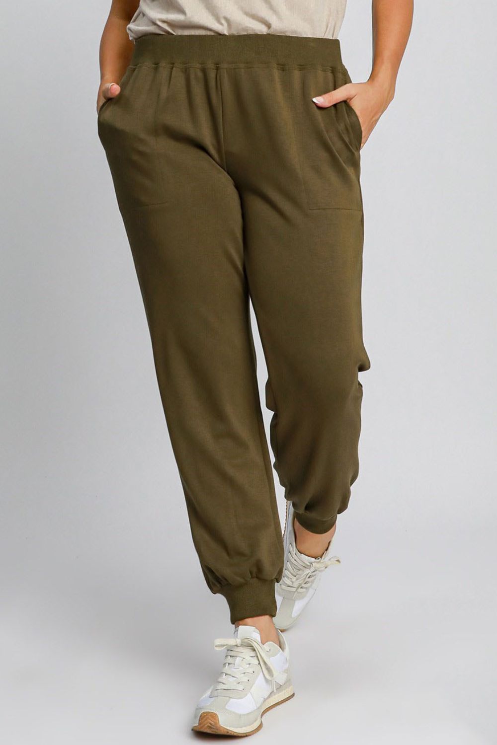 Umgee Full Size High Rise Elastic Waist Knit Joggers with Pockets Plus Size - Blu Lotus Boutique