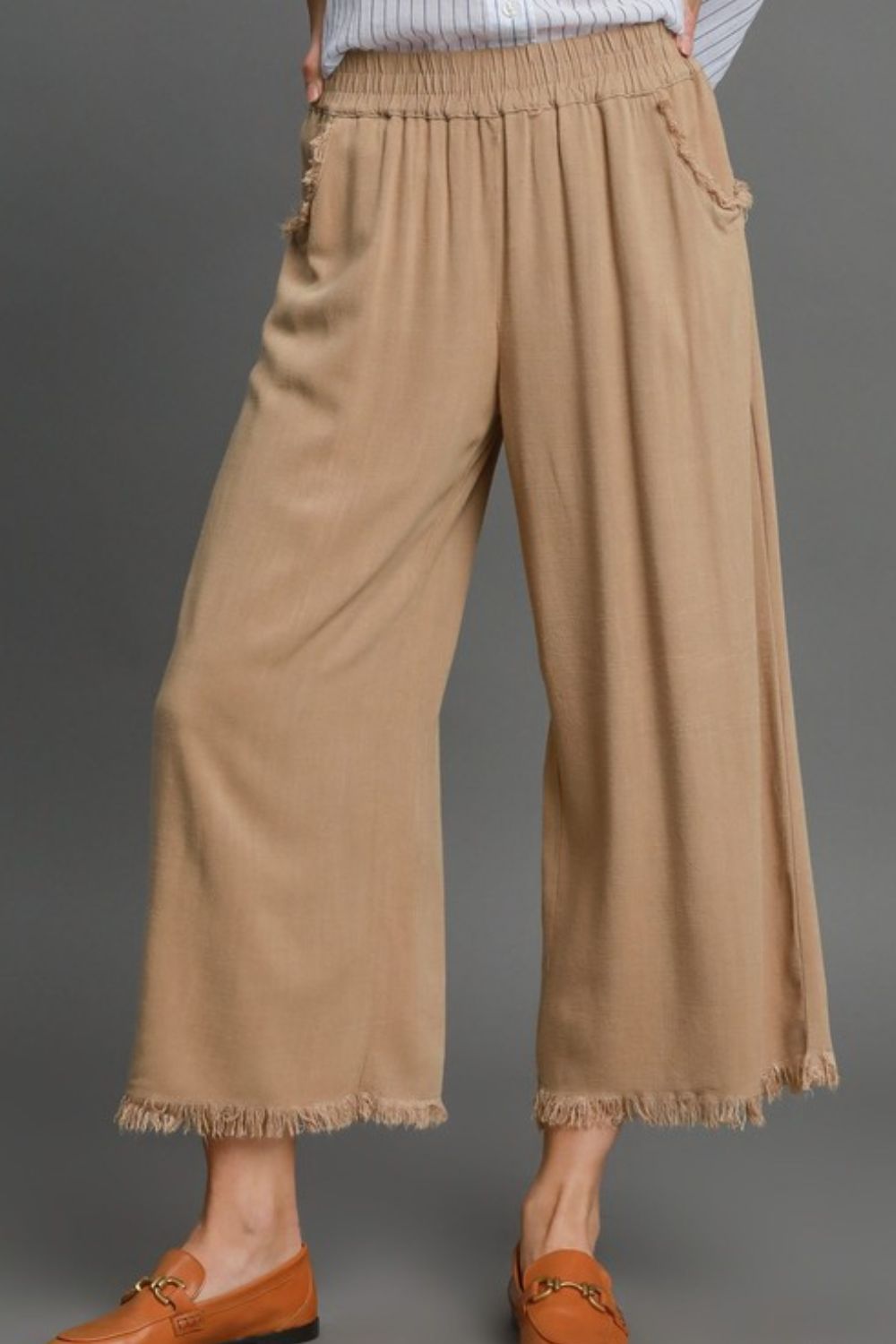 Umgee Full Size Linen Blend Elastic Waistband Wide Leg Pants Plus Size - Blu Lotus Boutique