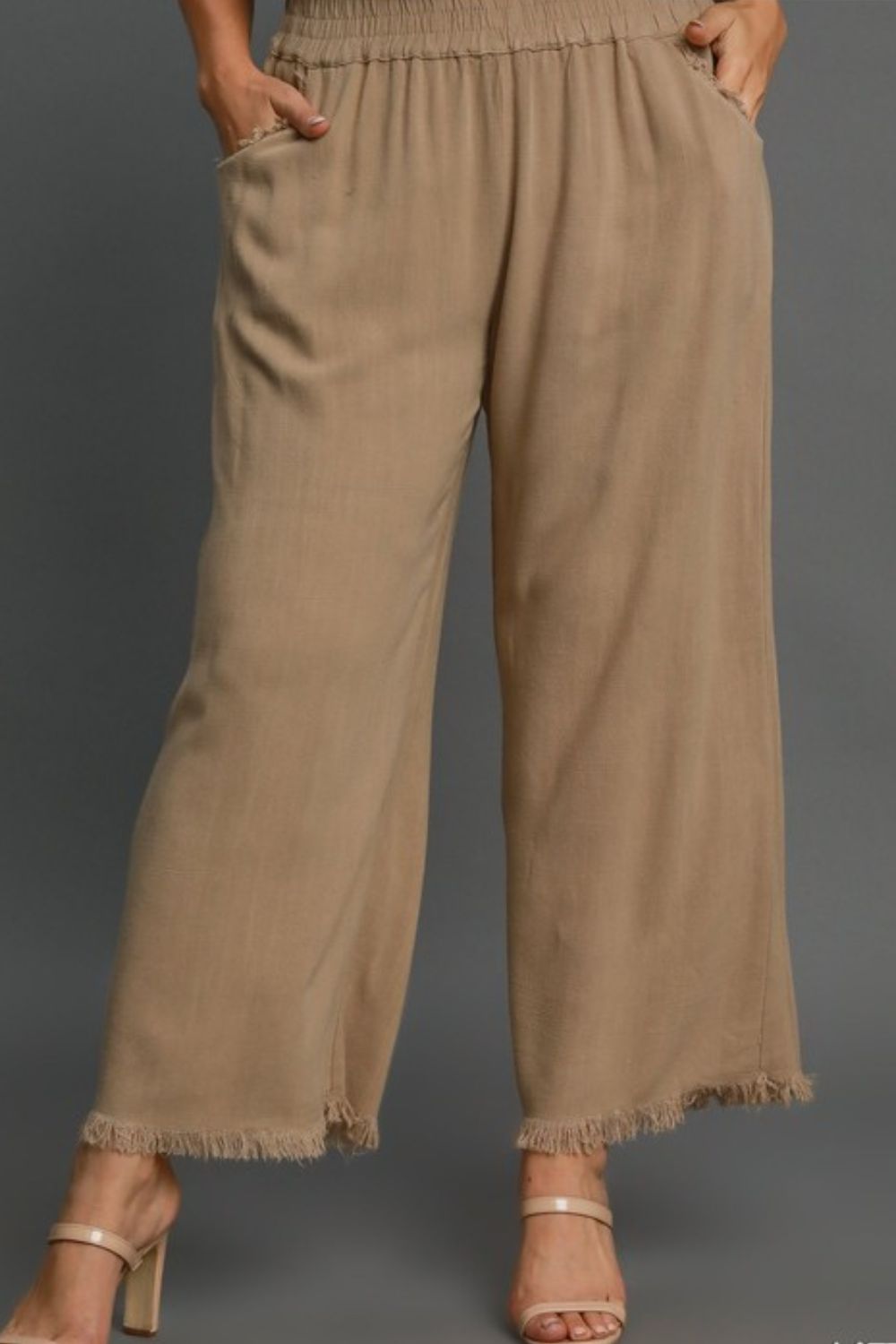 Umgee Full Size Linen Blend Elastic Waistband Wide Leg Pants Plus Size - Blu Lotus Boutique