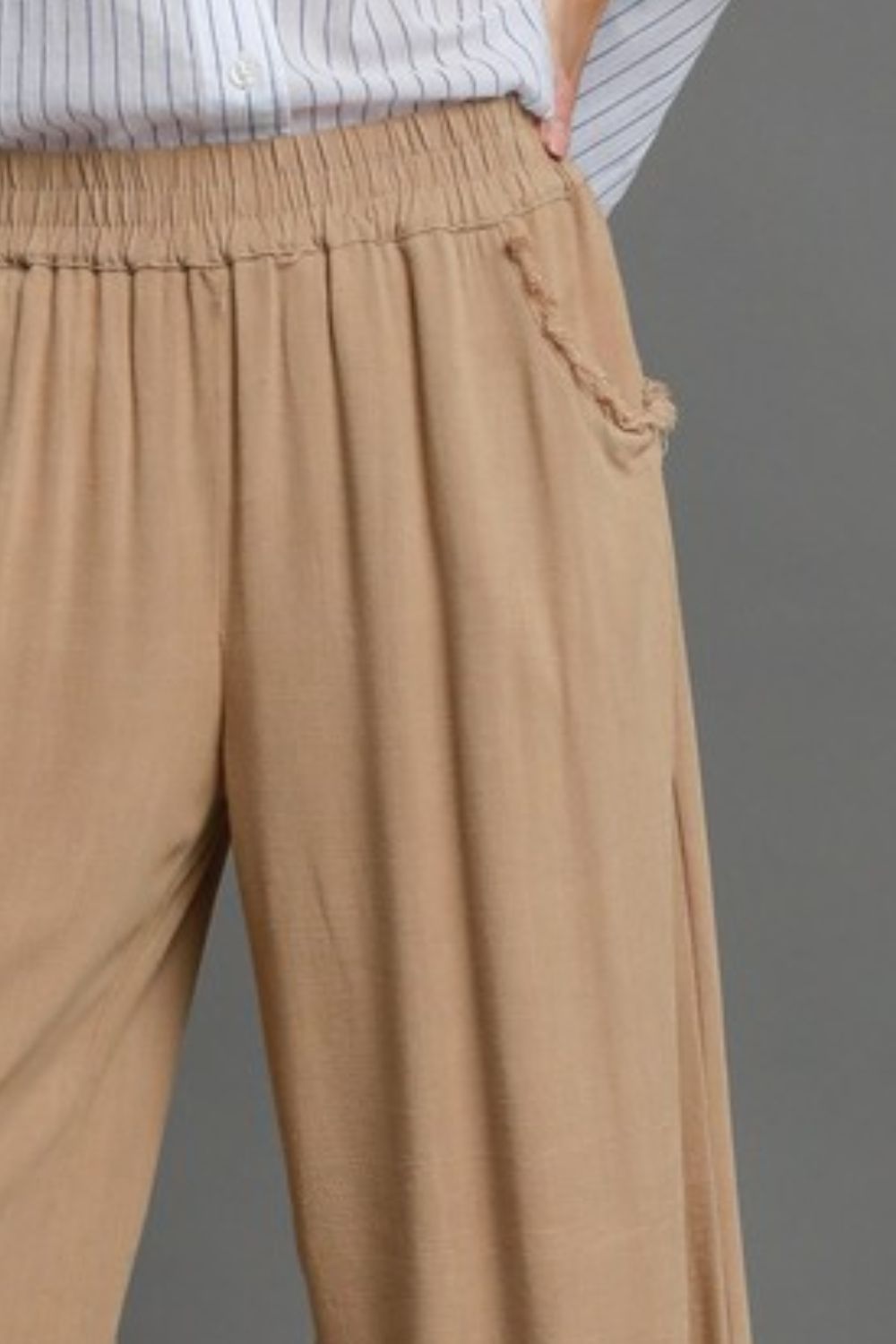 Umgee Full Size Linen Blend Elastic Waistband Wide Leg Pants Plus Size - Blu Lotus Boutique