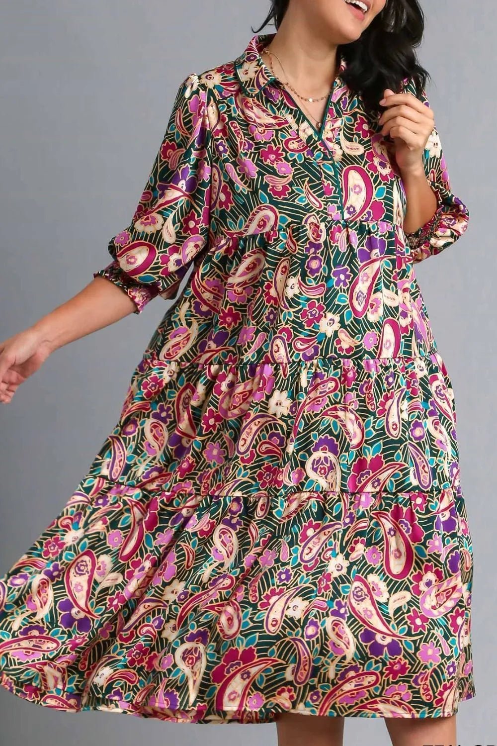 Umgee Full Size Paisley Print Satin Tiered Midi Dress Plus Size - Blu Lotus Boutique