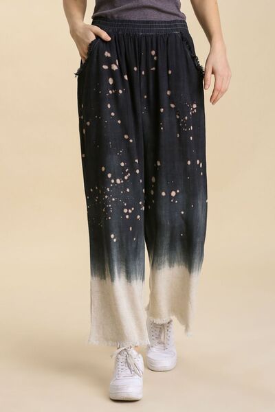 Umgee Full Size Raw Hem Linen Blend Bleach Dip Dye Wide Leg Pants Plus Size - Blu Lotus Boutique