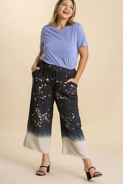 Umgee Full Size Raw Hem Linen Blend Bleach Dip Dye Wide Leg Pants Plus Size - Blu Lotus Boutique