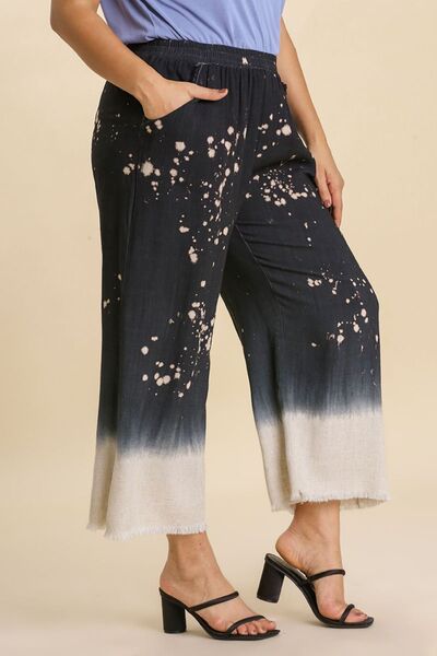 Umgee Full Size Raw Hem Linen Blend Bleach Dip Dye Wide Leg Pants Plus Size - Blu Lotus Boutique