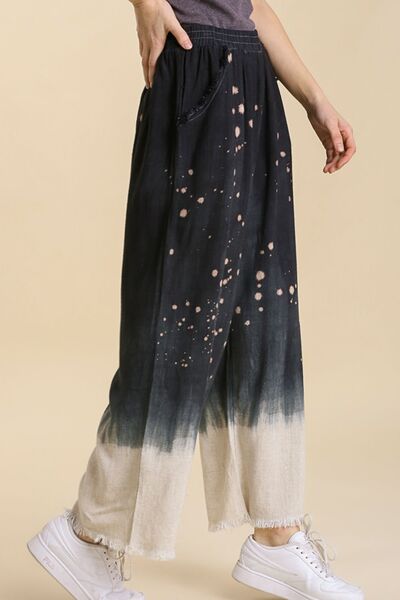 Umgee Full Size Raw Hem Linen Blend Bleach Dip Dye Wide Leg Pants Plus Size - Blu Lotus Boutique