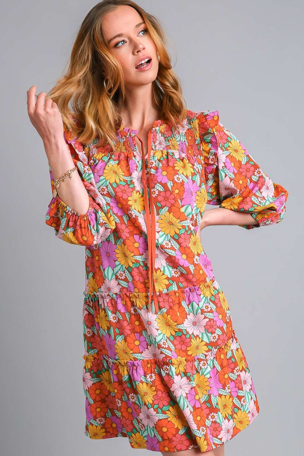 Umgee Full Size Ruffled Flower Print Tie Neck Tiered Dress Plus Size - Blu Lotus Boutique