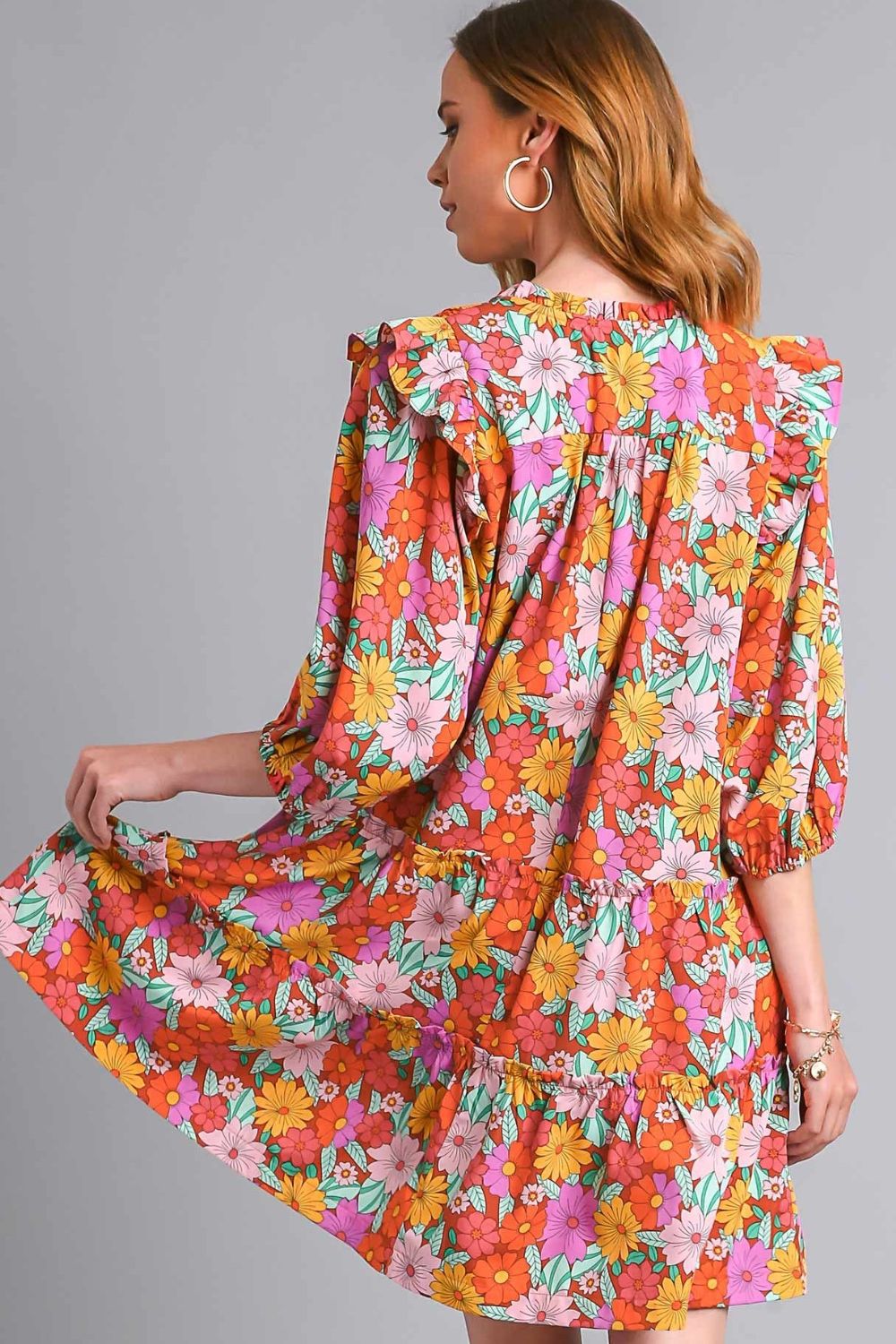 Umgee Full Size Ruffled Flower Print Tie Neck Tiered Dress Plus Size - Blu Lotus Boutique