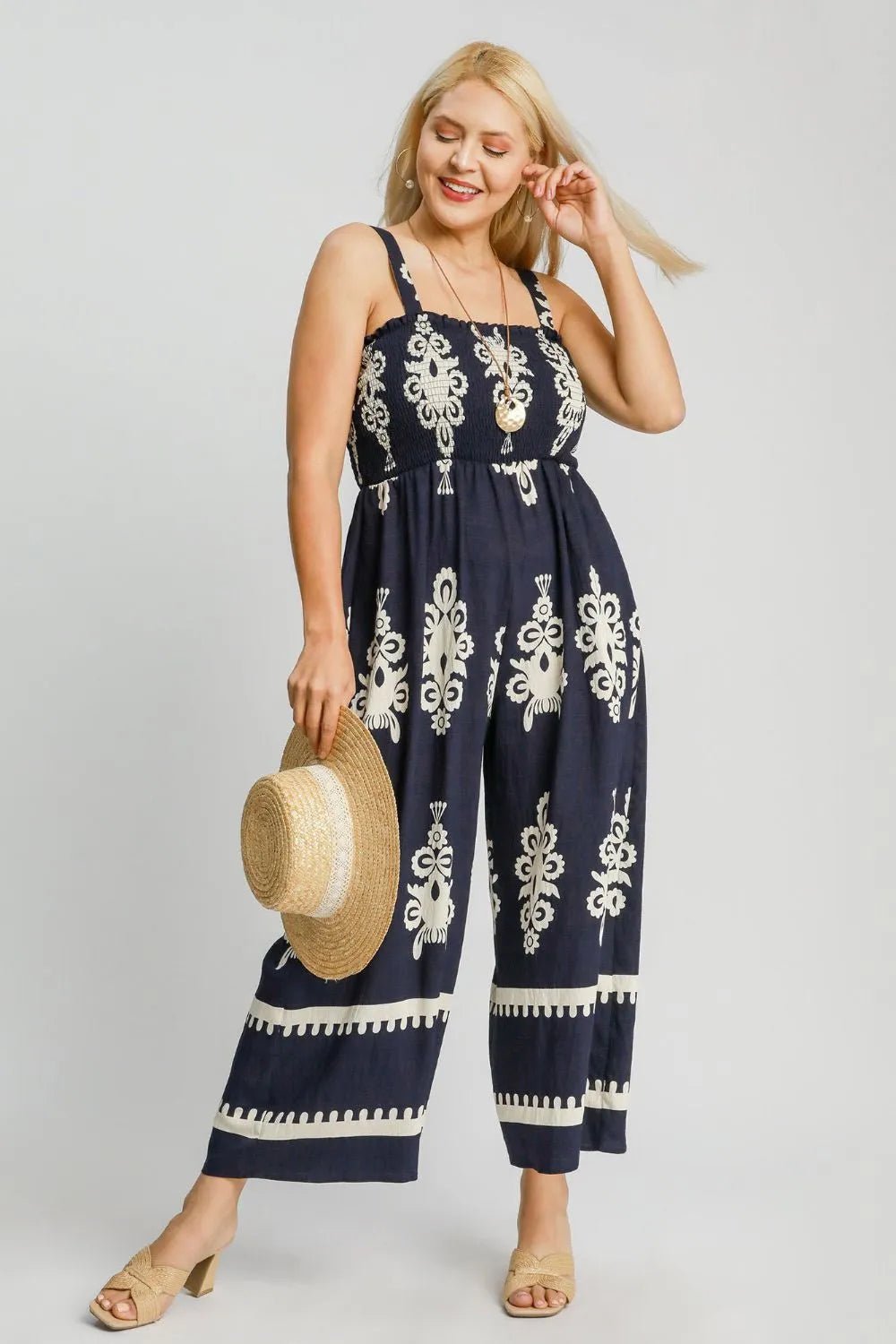 Umgee Full Size Smocked Printed Wide Leg Jumpsuit Plus Size - Blu Lotus Boutique