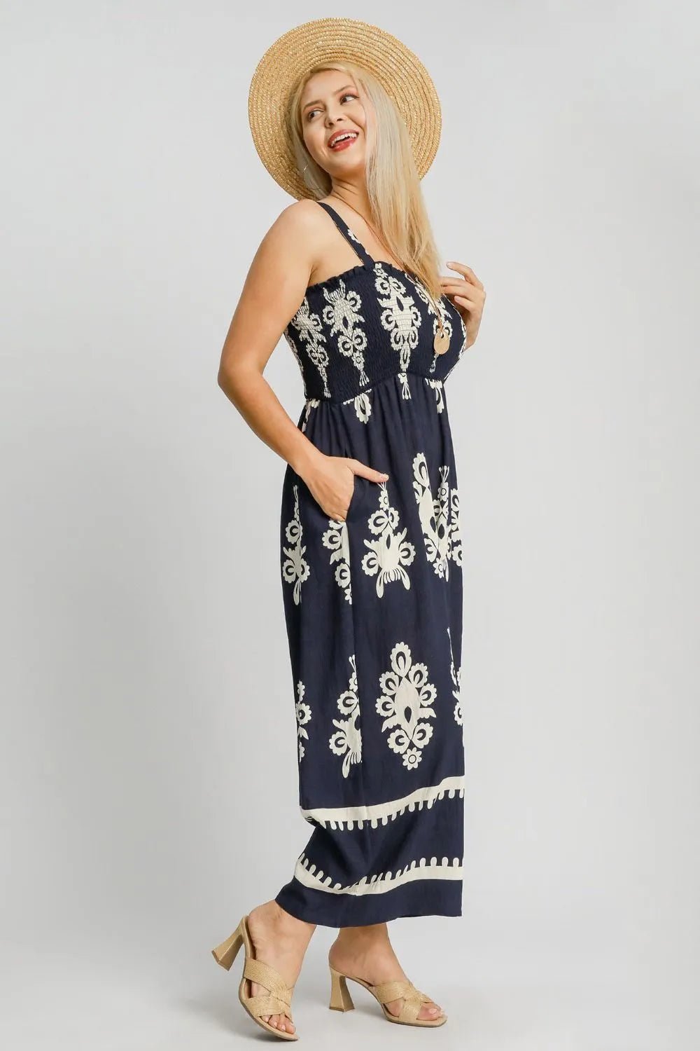 Umgee Full Size Smocked Printed Wide Leg Jumpsuit Plus Size - Blu Lotus Boutique