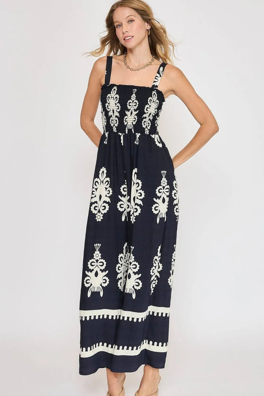 Umgee Full Size Smocked Printed Wide Leg Jumpsuit Plus Size - Blu Lotus Boutique