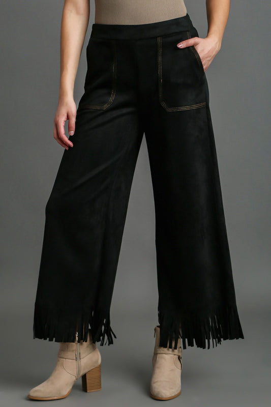 Umgee Full Size Suede Fringe Hem Wide Leg Pants Plus Size - Blu Lotus Boutique