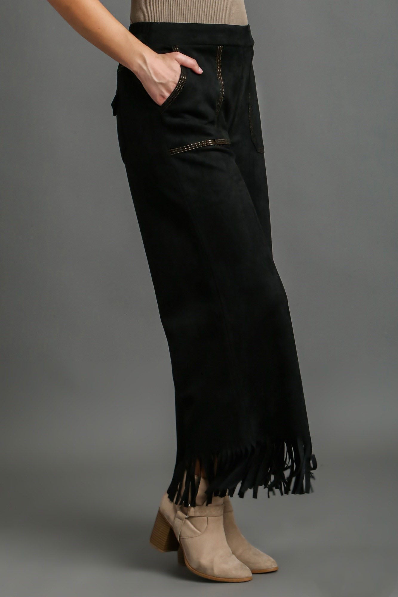 Umgee Full Size Suede Fringe Hem Wide Leg Pants Plus Size - Blu Lotus Boutique