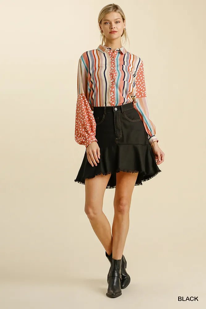 Umgee Linen Blend 5 Pockets High Low Skirt with Frayed Hem - Blu Lotus Boutique