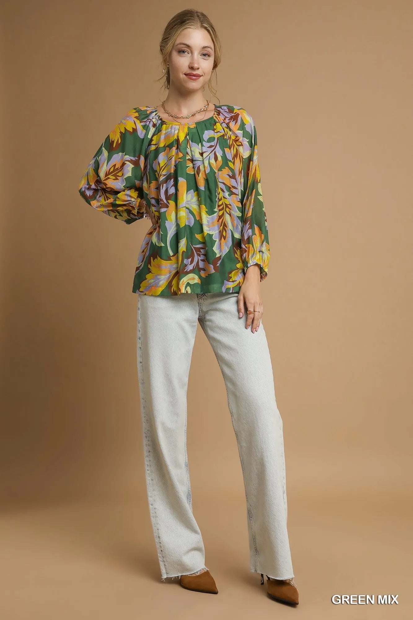 Umgee Mix Abstract Print Balloon Sleeve Blouse - Blu Lotus Boutique